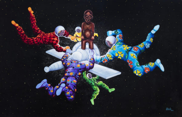 Ata Ndele Mokili (Tôt ou tard le monde changera). Monsengo Shula, 2014, Acryl und Pailletten auf Leinwand, 130 x 200 cm. ©Sammlung Henri und Farida Seydoux